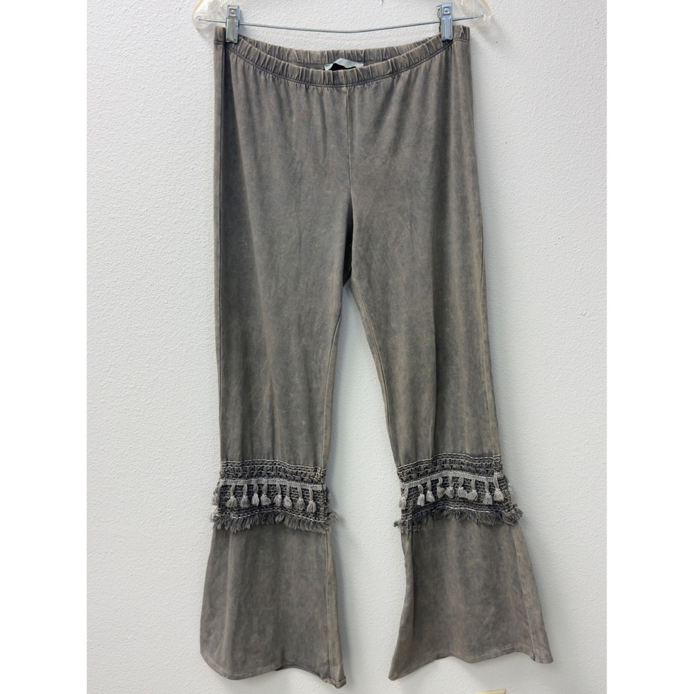 Chatoyant Flare Leg Pants Womens L Gray Tassel Trim Mineral Wash Boho Festival - Picture 2 of 10